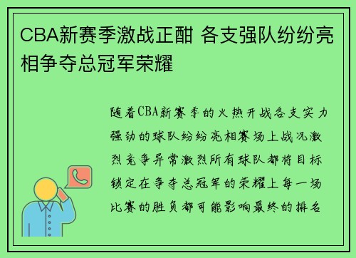 CBA新赛季激战正酣 各支强队纷纷亮相争夺总冠军荣耀